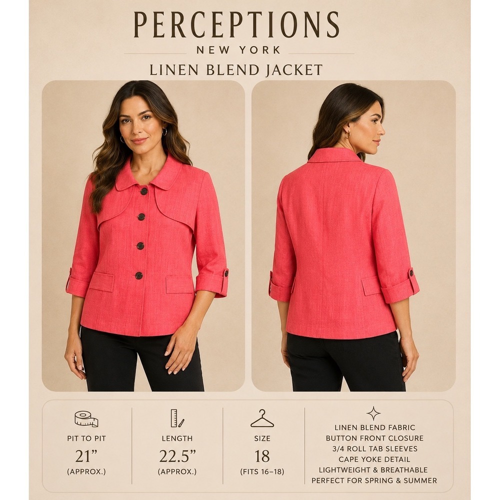Perceptions New York Coral‎ Pink Linen Blend Cape Yoke Jacket Size 18 Plus